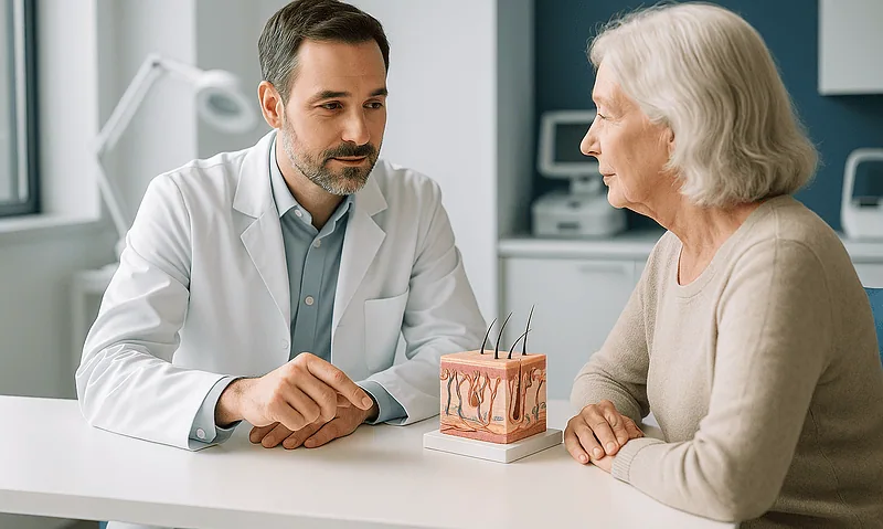 Doctor explaining shingles skin layers to elderly patient in clinic.