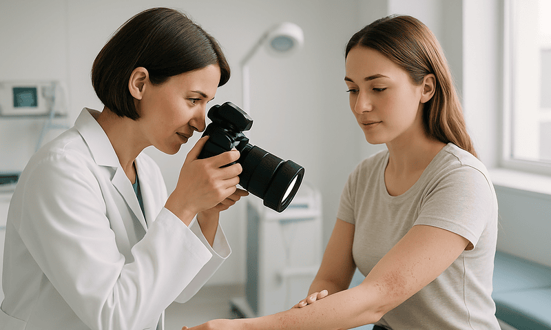 Doctor examining patient's arm with skin rash in clinic setting.