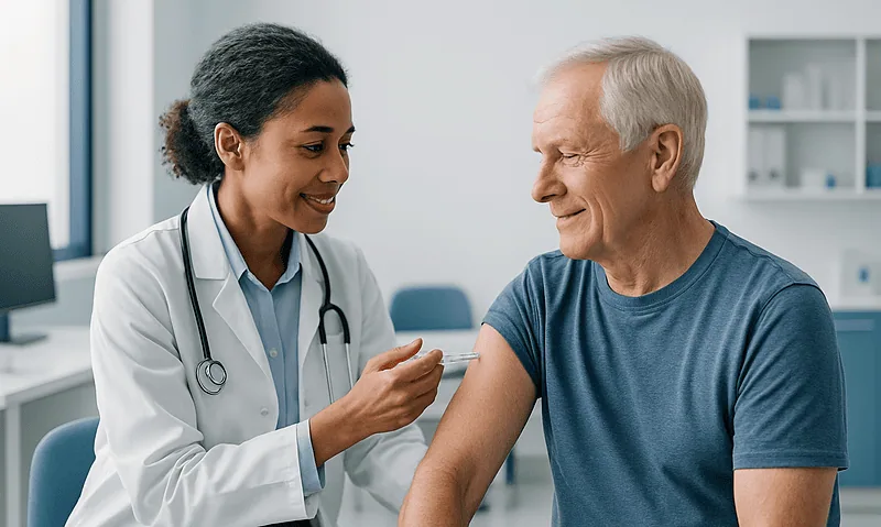 Doctor administering shingles vaccine to an elderly patient in a clinic.