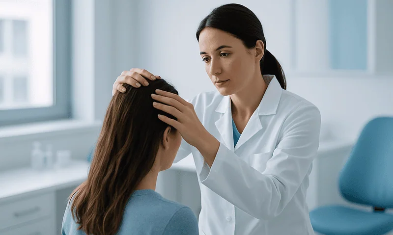 Doctor examining patient's scalp in a medical consultation room.