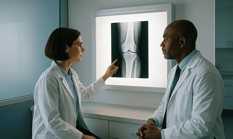 Doctor explains knee X-ray to patient in a medical consultation room.