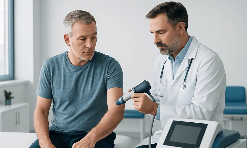 Doctor performing shock wave therapy on a male patient in a clinical setting.