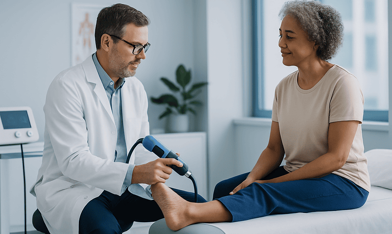 Doctor performing shockwave therapy on patient's foot at Acibadem Hospital.