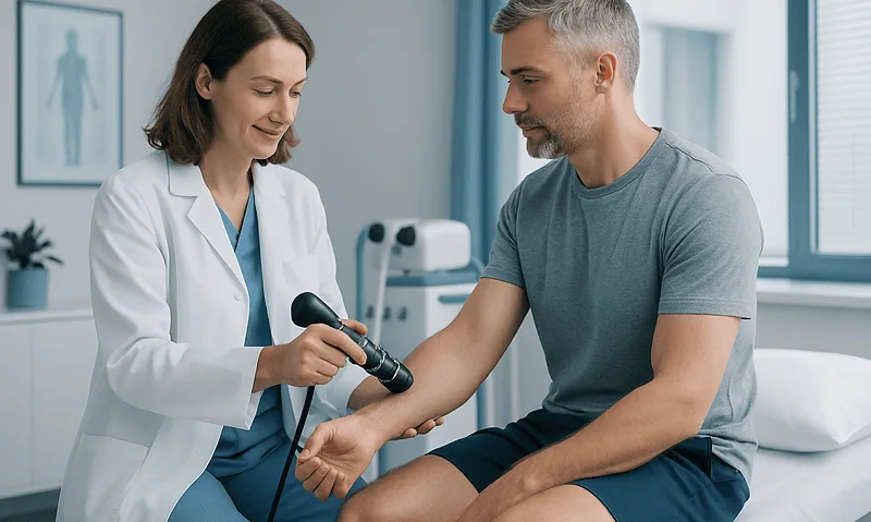 Doctor performing shockwave therapy on male patient in clinic.