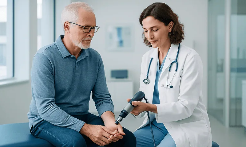 Doctor performing shockwave therapy on a male patient with kidney stones.
