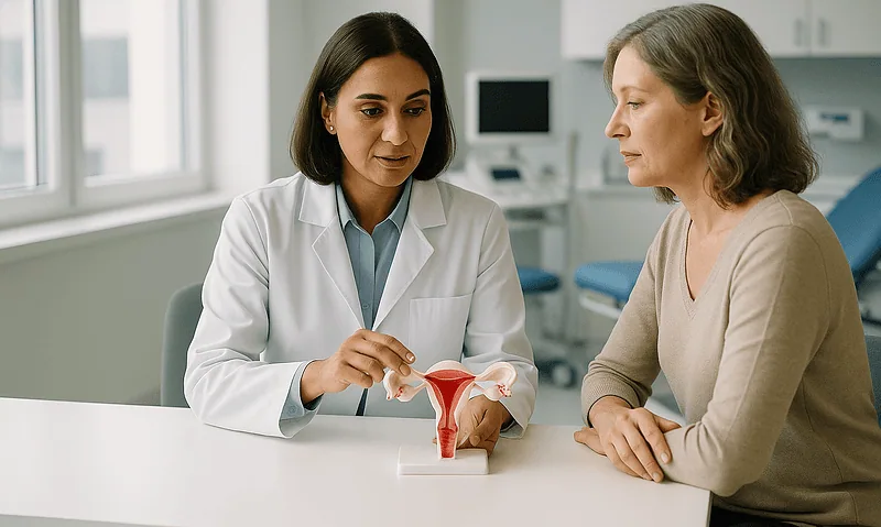 Gynecologist explaining cervical health to a patient in a medical office.