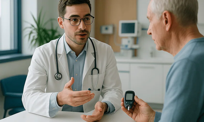 Doctor consulting with an elderly patient about health concerns in a medical office.