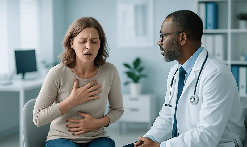 Woman experiencing chest pain during medical consultation at Acibadem Hospital.