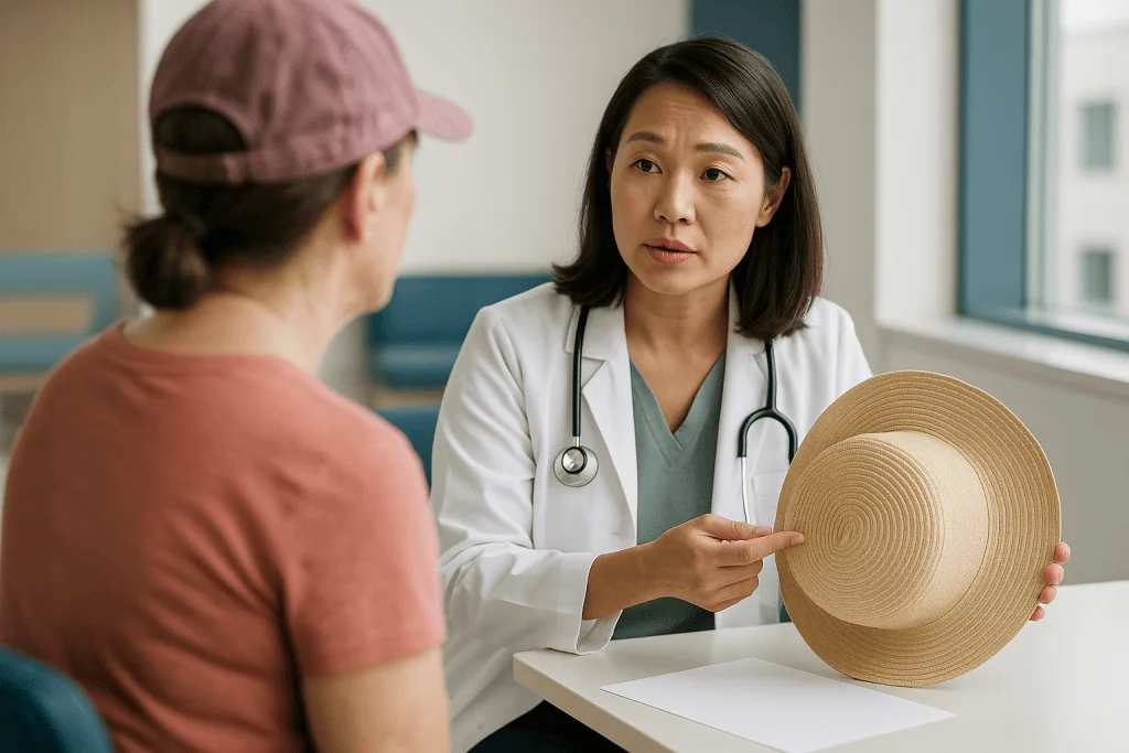 Doctor consulting patient, showing woven hat object: Should I avoid the sun if I have lupus?