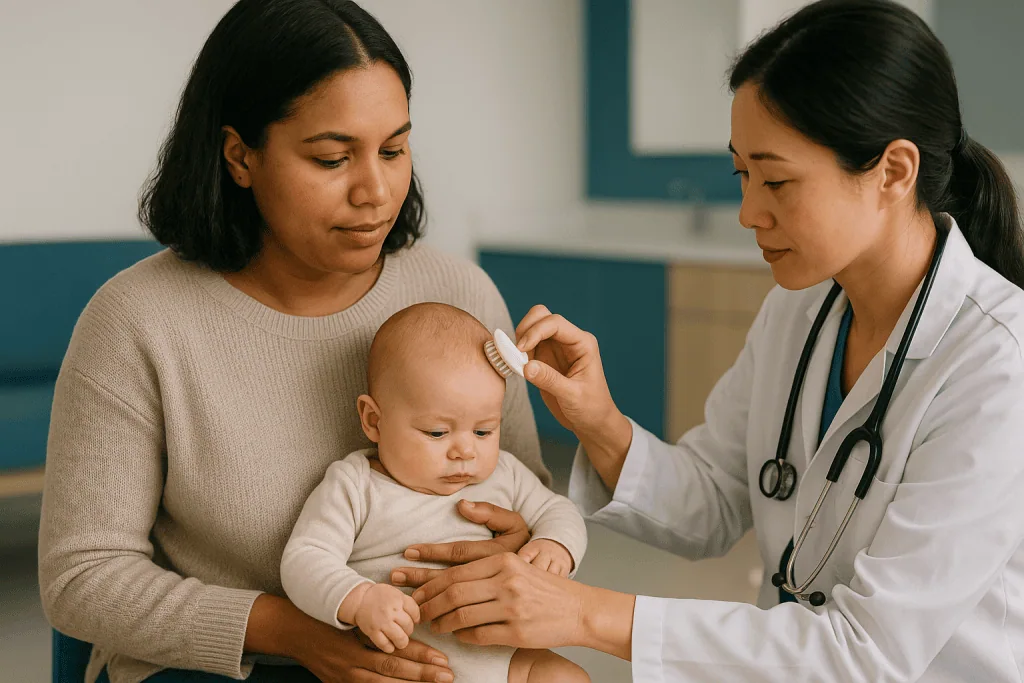 Pediatrician examining infant's head during checkup: Should you brush out the cradle cap?