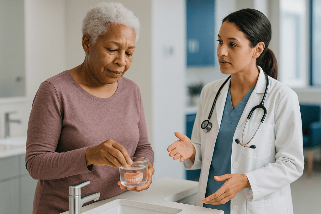 Doctor consulting senior patient about denture care: Should you soak your dentures every night?