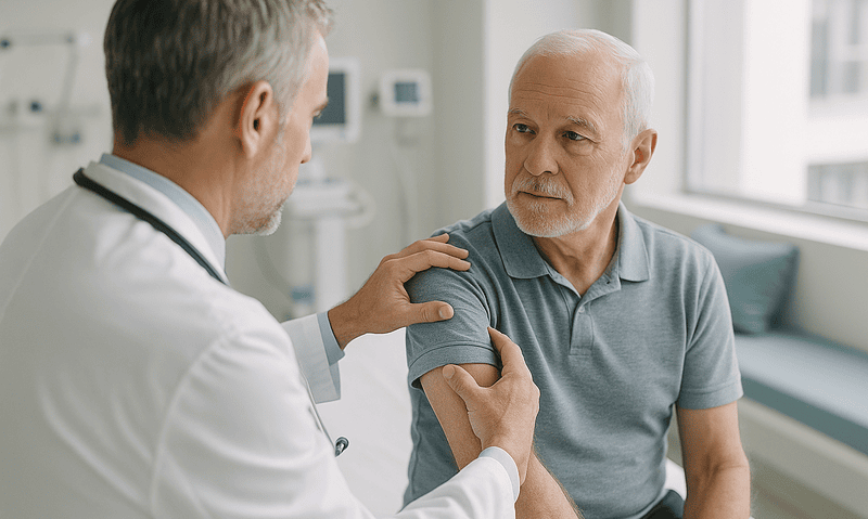Doctor examining senior patient's shoulder in hospital setting.