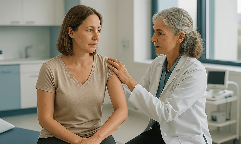 Doctor examining a woman's shoulder in a medical consultation room.