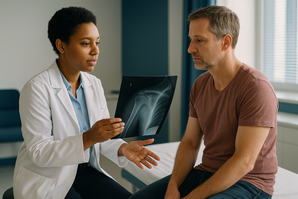Doctor reviewing shoulder X-ray with male patient: Shoulder dislocation x ray views: why the axillary or Y view matters