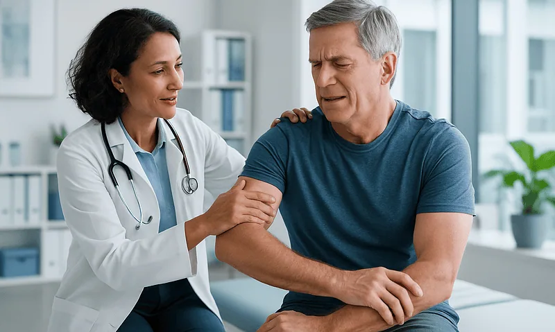 Doctor examining a patient's shoulder for impingement symptoms.