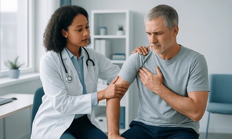 Doctor examining shoulder pain in a patient at a medical clinic.