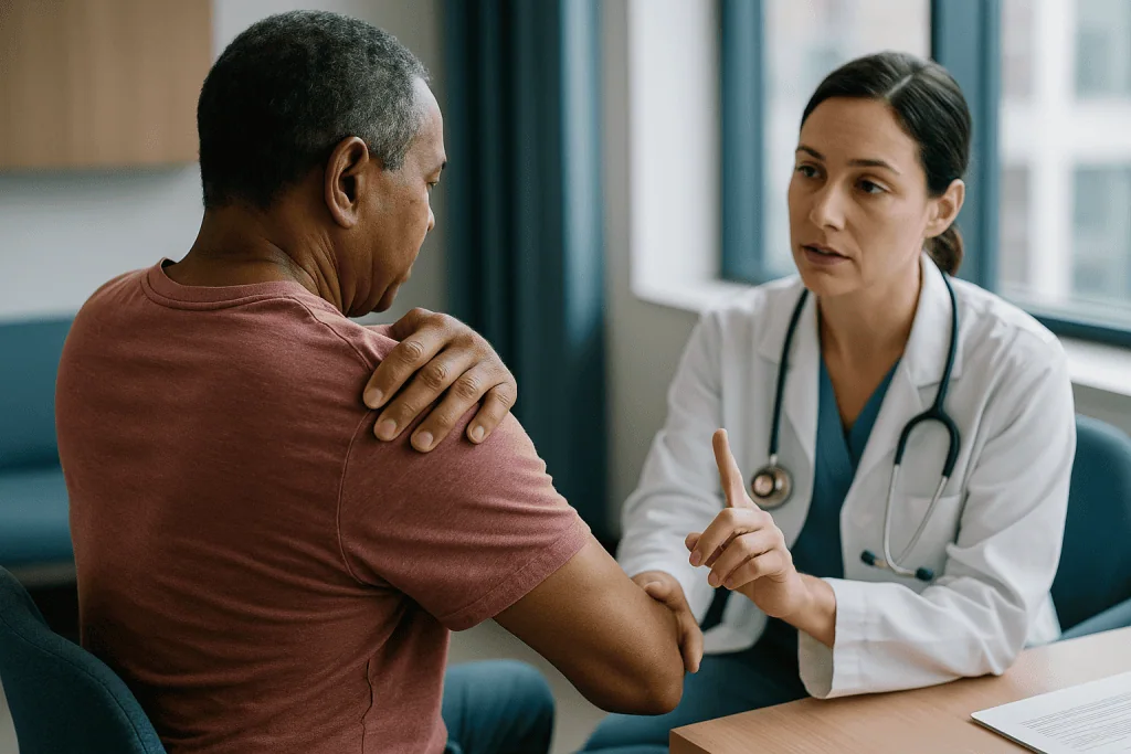 Doctor examining patient's shoulder during medical consultation: Shoulder impingement vs rotator cuff tear symptoms: how to 