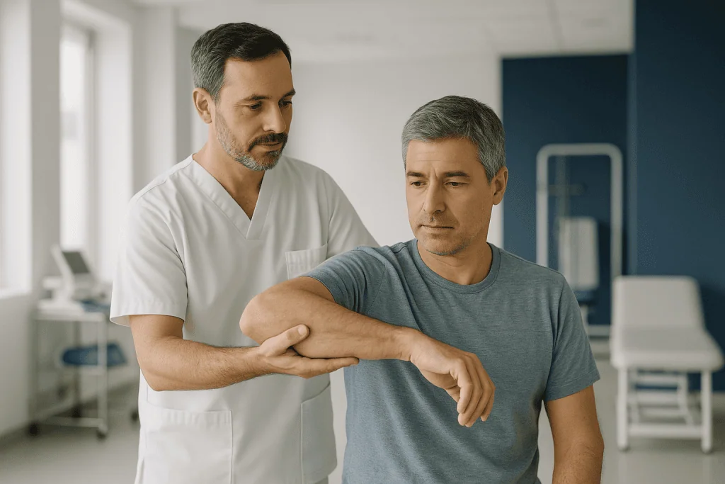 Shoulder Prosthesis 1 Doctor examining patient's shoulder for shoulder prosthesis assessment.