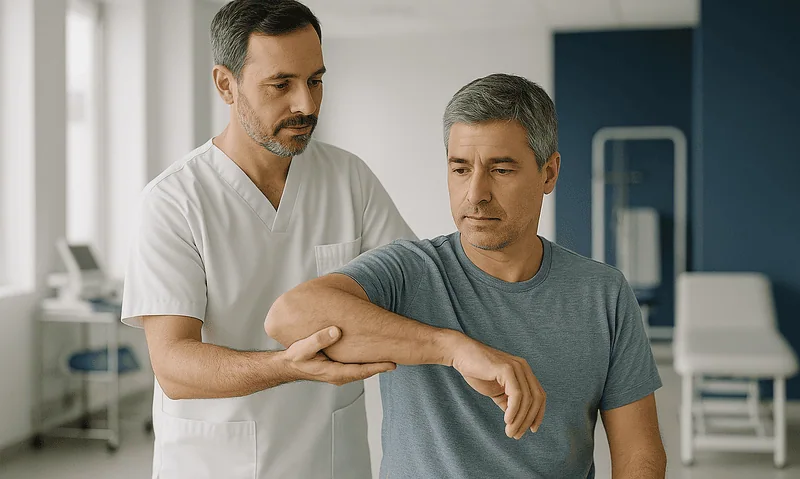 Doctor examining patient's shoulder for shoulder prosthesis assessment.