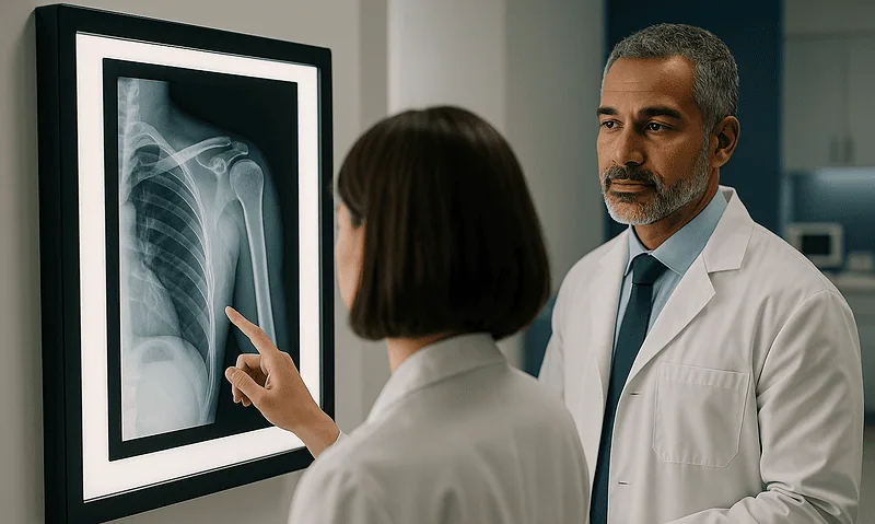 Doctor and patient reviewing shoulder X-ray at Acibadem Hospital.