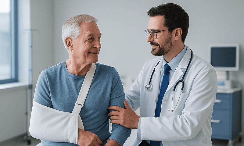 Doctor consulting with elderly patient in hospital room.