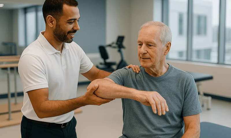 Physiotherapist assisting elderly patient with shoulder exercises in clinic.