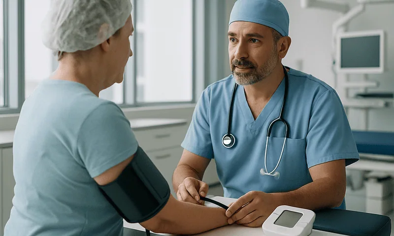 Doctor consulting patient about post-surgery hygiene in hospital setting.