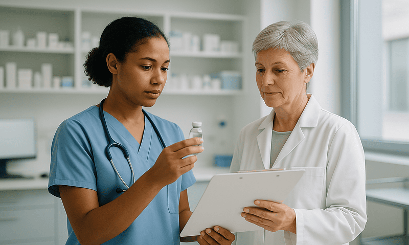 Healthcare professionals discussing medication in a hospital setting.