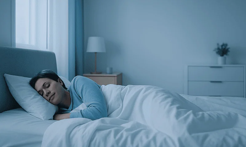 Woman sleeping peacefully in a modern bedroom with a nephrostomy tube.
