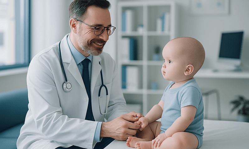Pediatric neurosurgeon examining a young child's head in a hospital setting.