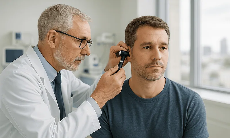 ENT specialist examining patient's ear in a medical clinic.