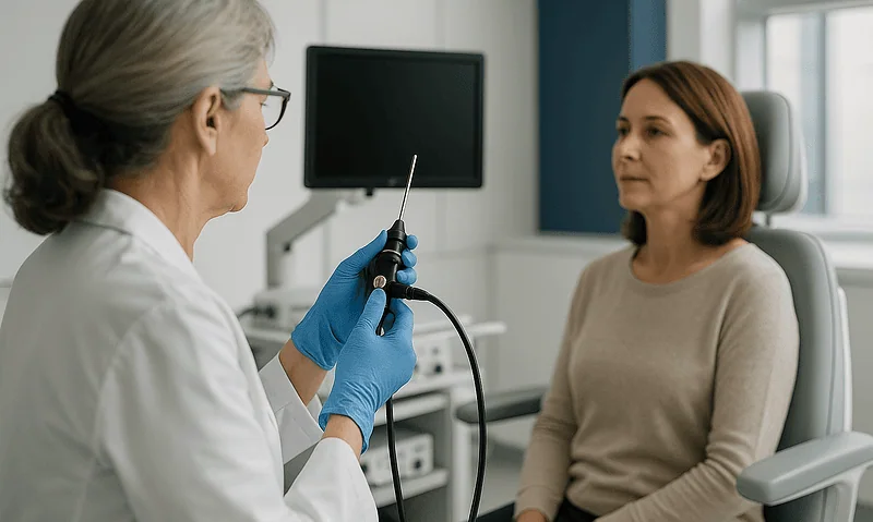 Doctor explains heart monitoring to a patient in a clinical setting.