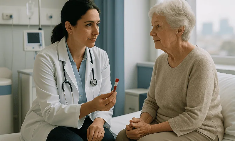 Doctor consulting with elderly patient in hospital room.
