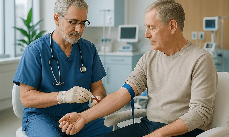 Doctor checking patient's blood pressure in a hospital setting.