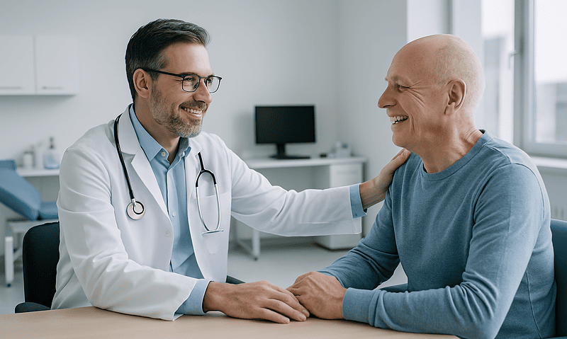 Doctor smiling and talking with an elderly patient in a medical office.