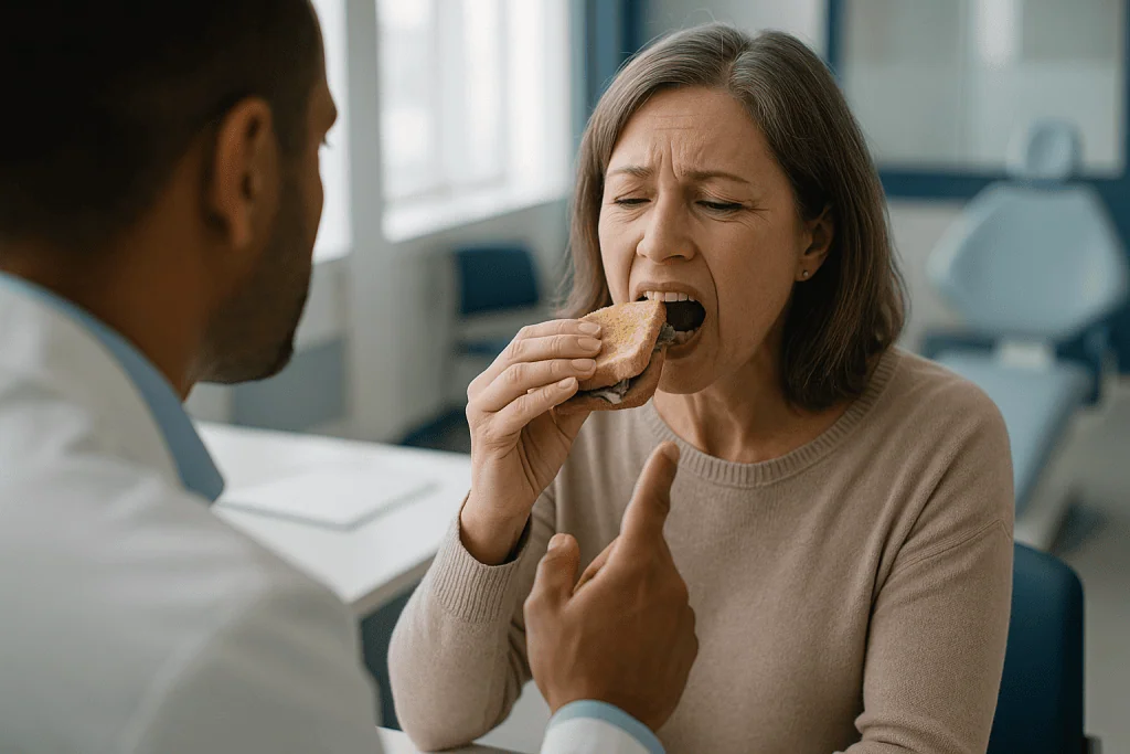 Woman eating sandwich during office conversation — Signs of a bad crown: dental crown problems at a glance