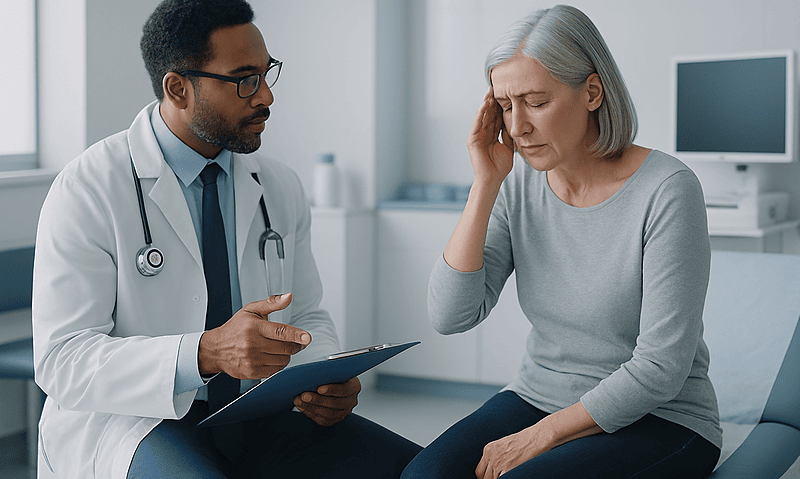 Doctor consulting with an elderly woman experiencing headache symptoms.