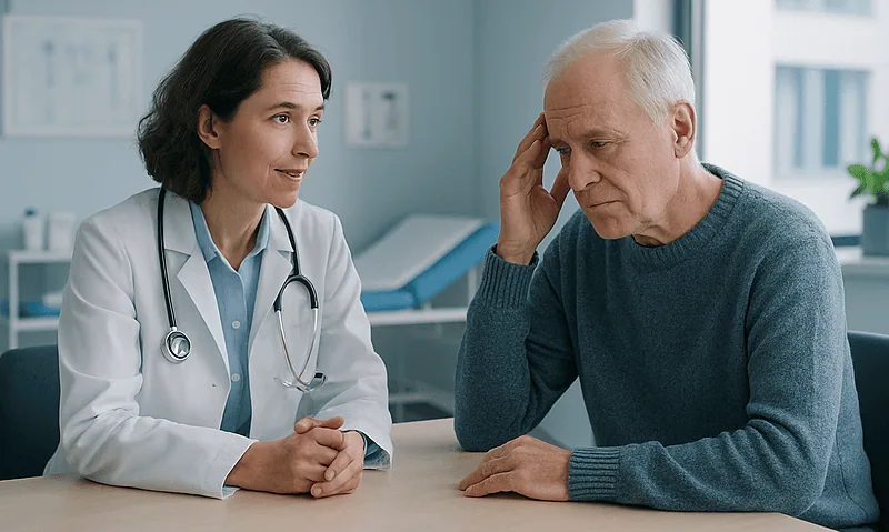 Doctor consulting with an elderly patient in a medical office.