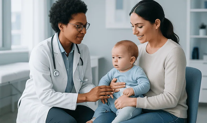 Pediatrician examining a baby with mother in a clinic setting.