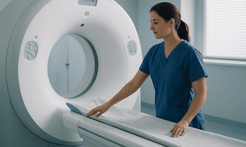 Female healthcare professional preparing MRI scan in hospital.