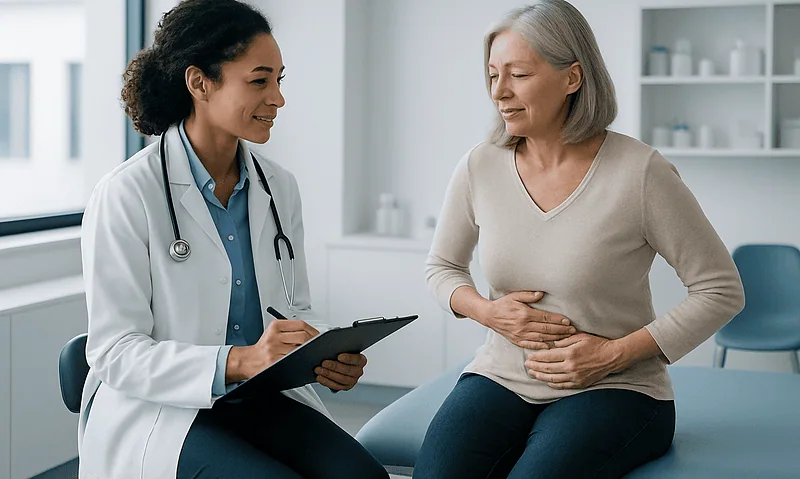 Doctor consulting with a patient about gallstone symptoms in a clinic.