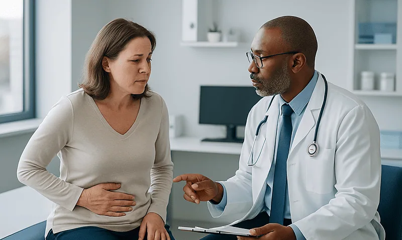 Doctor consulting with a woman patient about gallstone symptoms.