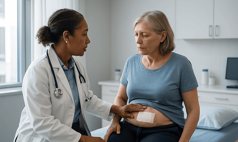 Doctor examining a patient's abdomen with a bandage after surgery.