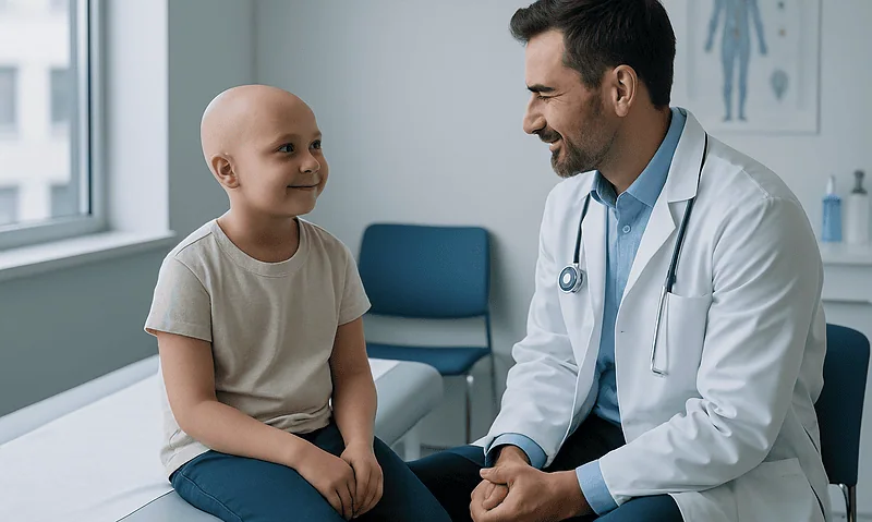 Pediatric doctor consulting with young patient in a medical office.