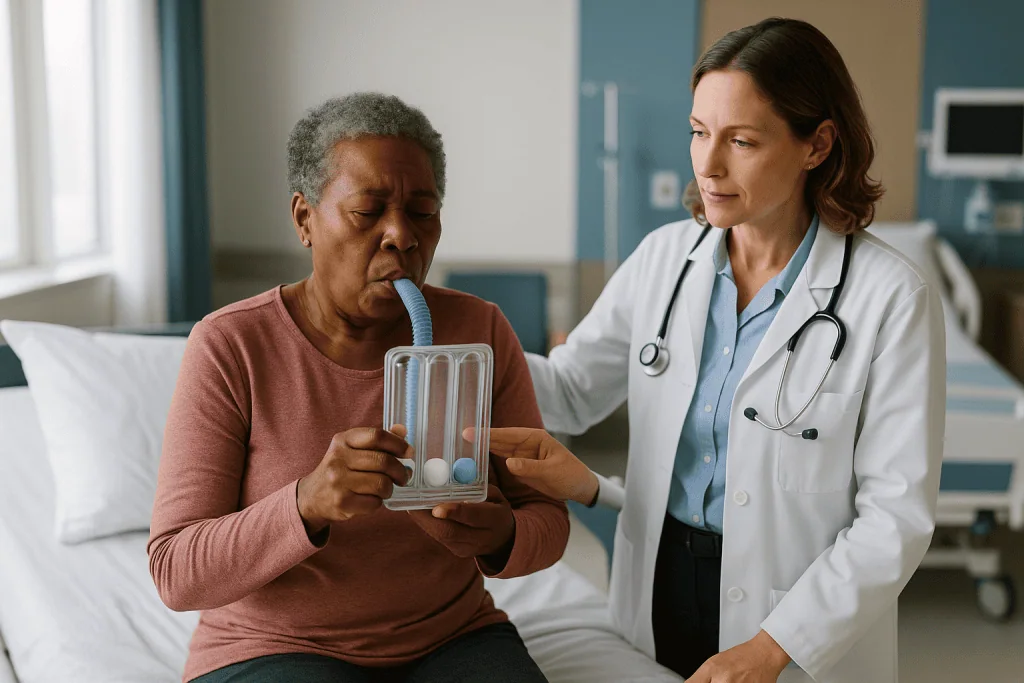 Doctor demonstrating spirometer device to senior patient: Signs of worsening pneumonia versus a slow recovery