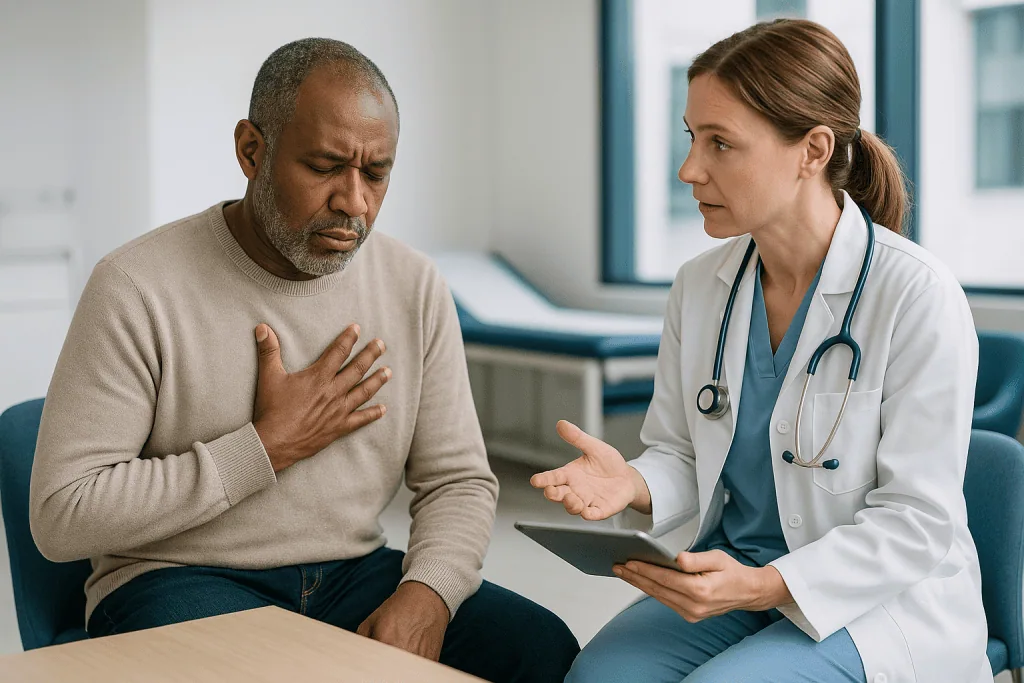 Doctor consulting patient about cardiac symptoms in clinic: Signs your heart is out of rhythm: what people feel and what tho