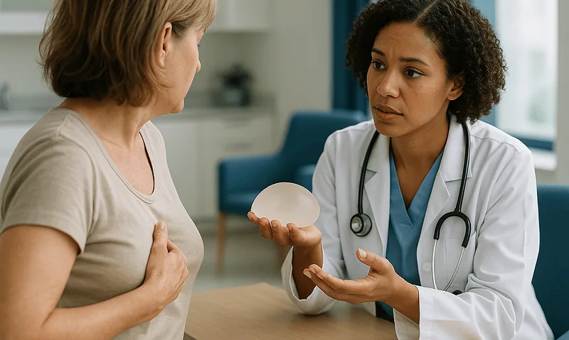 Doctor explaining breast prosthesis removal options to a patient.