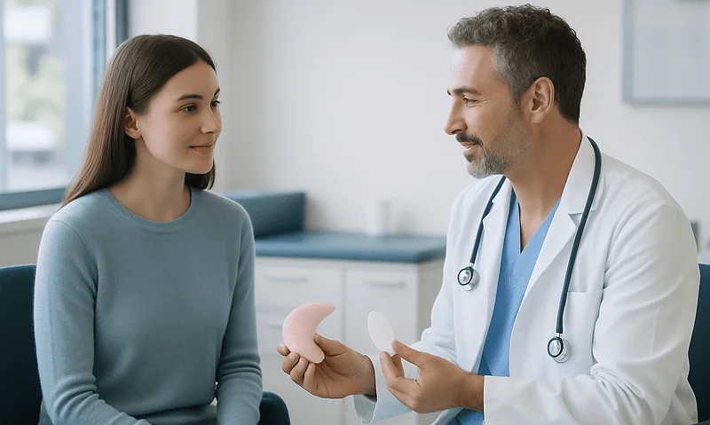 Doctor explains facial implant options to a patient in a consultation room.