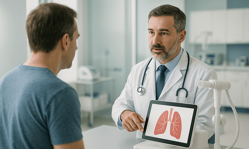 Doctor explaining lung health to patient in a medical consultation.