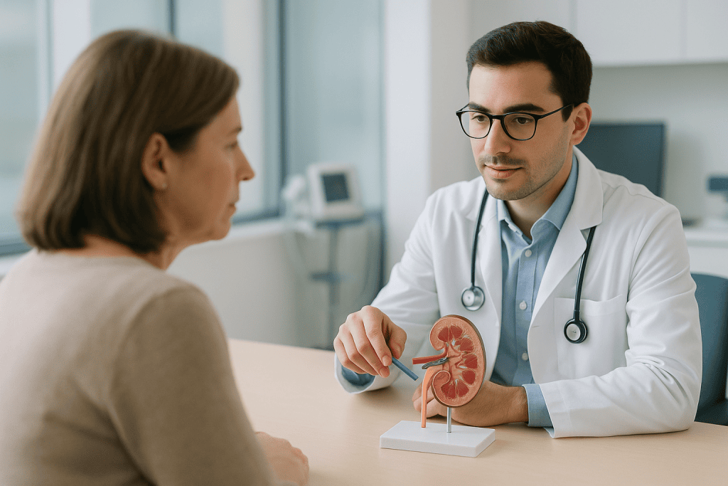 Simple Kidney Cyst 1 Urologist explaining kidney health with model to patient in clinic.